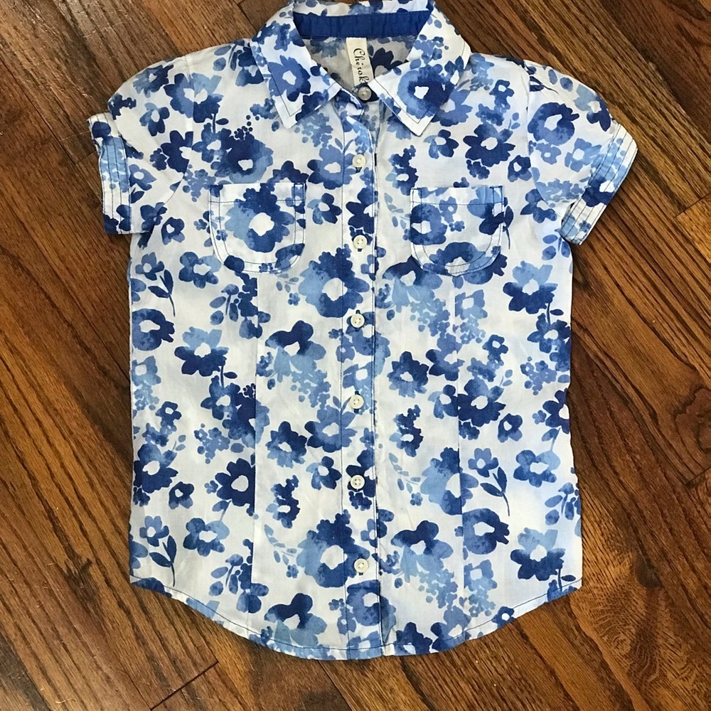 Cherokee Blue Flower Floral Print Blouse 
Size Small 6 / 7 
Hawaiian Button Down - Picture 5 of 12